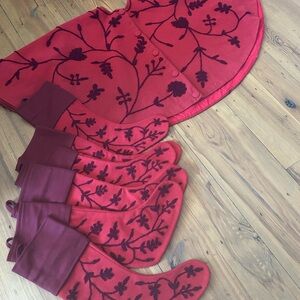 Crate and Barrel Wool Tree Skirt and Stockings with Embroidery.